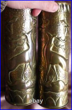 2 vases douille d' obus sculptés par poilu Brame du cerf WW1 1914 1918