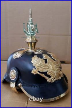 Allemand Pickelhaube Cuir Noir Casque Première Guerre Mondiale & Seconde Long À