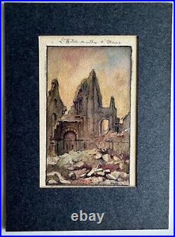 Ancien aquarelle de poilu trench art WW1 signé Gatson 1917 hôtel de ville Arras