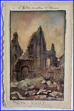 Ancien aquarelle de poilu trench art WW1 signé Gatson 1917 hôtel de ville Arras