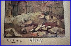 Ancien aquarelle de poilu trench art WW1 signé Gatson 1917 hôtel de ville Arras