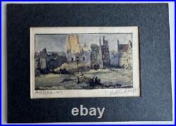 Ancien aquarelle de poilu watercolor trench art WW1 signé 1916 Arras en ruine