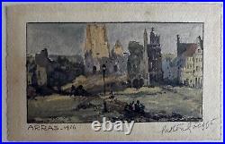 Ancien aquarelle de poilu watercolor trench art WW1 signé 1916 Arras en ruine