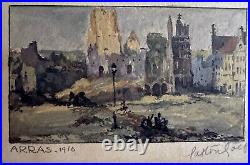 Ancien aquarelle de poilu watercolor trench art WW1 signé 1916 Arras en ruine