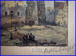 Ancien aquarelle de poilu watercolor trench art WW1 signé 1916 Arras en ruine