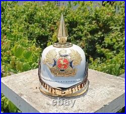 Blanc Allemand Pickelhaube Impérial Prussien Cuir Casque Uniforme Preussen Jeu