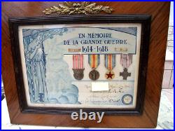 Cadre Certificat Poilu En Memoire De La Grande Guerre 1914-18-avec 4 Medailles