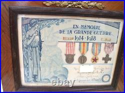 Cadre Certificat Poilu En Memoire De La Grande Guerre 1914-18-avec 4 Medailles