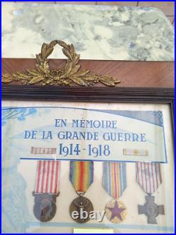 Cadre Certificat Poilu En Memoire De La Grande Guerre 1914-18-avec 4 Medailles