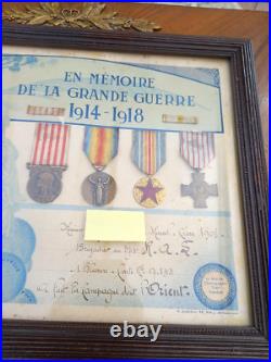 Cadre Certificat Poilu En Memoire De La Grande Guerre 1914-18-avec 4 Medailles
