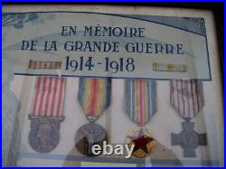 Cadre Certificat Poilu En Memoire De La Grande Guerre 1914-18-avec 4 Medailles