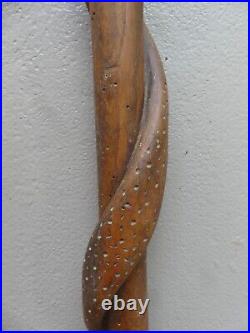 Cane de Poilu bois sculpté SERPENT enroulé Gland lien de cuir tressé 105cm WW1