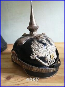 Casque À Pointe D'officier Prussien Ww1 + Coffret Et Couvre-casque Pickelhaube