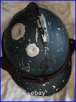 Casque Adrian 1915 aluminium bleu horizon intérieur jugulaire officier fauve ww1