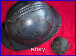 Casque Adrian 1915 bleu horizon insigne service santé intérieur jugulaire fautve