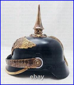 Casque prussien en cuir WW1 avec présentoir casque allemand Pickelhaube en cuir