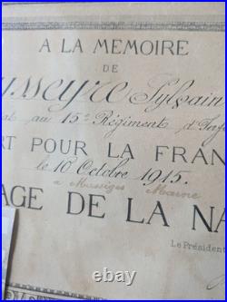 Diplôme Mort pour la France 1915 Croix de Guerre Photos Poilu 15e RI WW1