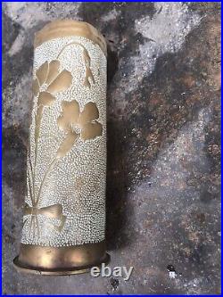 Douille d'obus sculpté floral /Croix de Lorraine, art de tranchées, poilu