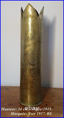 Lot de 5 douilles d'obus gravées et sculptées dans les tranchées de 14/18. TBE