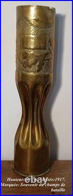 Lot de 5 douilles d'obus gravées et sculptées dans les tranchées de 14/18. TBE