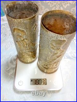 Paire de vases fait à partir de douilles obus en laiton H 20.5 cm Ø 8 cm. 1917