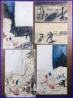 Rare Ensemble de 9 Dessins de Poilus Guerre 1914 1918 WW1 Aviation Alsace Alpins