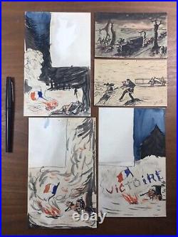 Rare Ensemble de 9 Dessins de Poilus Guerre 1914 1918 WW1 Aviation Alsace Alpins