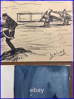 Rare Ensemble de 9 Dessins de Poilus Guerre 1914 1918 WW1 Aviation Alsace Alpins