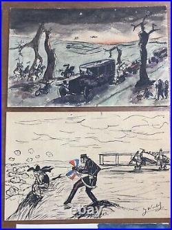 Rare Ensemble de 9 Dessins de Poilus Guerre 1914 1918 WW1 Aviation Alsace Alpins