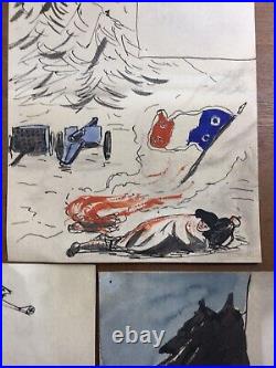 Rare Ensemble de 9 Dessins de Poilus Guerre 1914 1918 WW1 Aviation Alsace Alpins