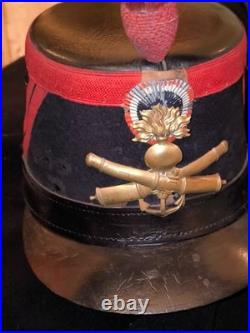 Shako troupe 1872 artillerie colonial complet avec crin retombant usures au drap