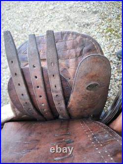 Superbe selle sangle cuir fauve fontes officier de cavalerie ww1 dessous feutre