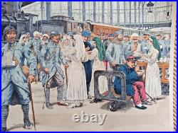 Tableau Scolaire Armand Colin 1916. Arrivée Des Blessés Gare Du Nord Ww1 Entoilé