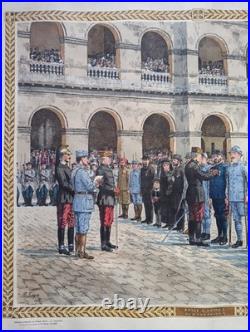 Tableau scolaire Armand Colin 1916 Prise d'Armes Invalides WW1 entoilé 90x73cm