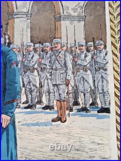 Tableau scolaire Armand Colin 1916 Prise d'Armes Invalides WW1 entoilé 90x73cm