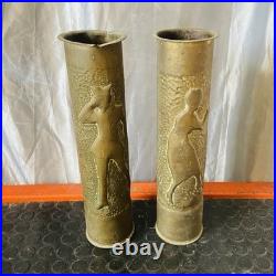 Titre Paire de Vases Obus 75mm Gravés WWI Art des Tranchées 1917