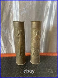 Titre Paire de Vases Obus 75mm Gravés WWI Art des Tranchées 1917
