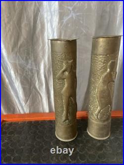 Titre Paire de Vases Obus 75mm Gravés WWI Art des Tranchées 1917