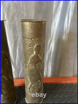 Titre Paire de Vases Obus 75mm Gravés WWI Art des Tranchées 1917