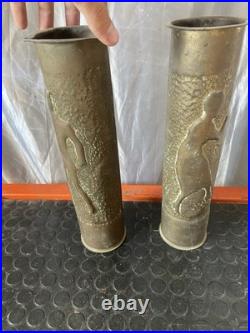 Titre Paire de Vases Obus 75mm Gravés WWI Art des Tranchées 1917