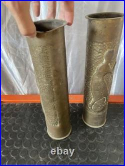 Titre Paire de Vases Obus 75mm Gravés WWI Art des Tranchées 1917