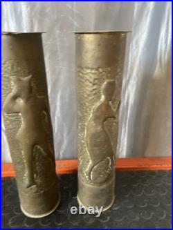 Titre Paire de Vases Obus 75mm Gravés WWI Art des Tranchées 1917