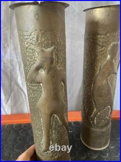 Titre Paire de Vases Obus 75mm Gravés WWI Art des Tranchées 1917
