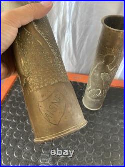 Titre Paire de Vases Obus 75mm Gravés WWI Art des Tranchées 1917