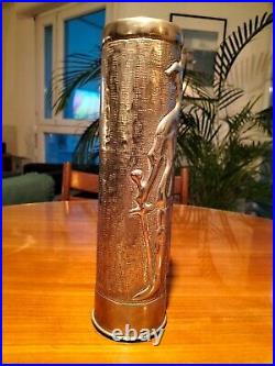 Vase Douille D'obus 1914 1918 Métal blanc 32 cm gravée artisanat des tranchées
